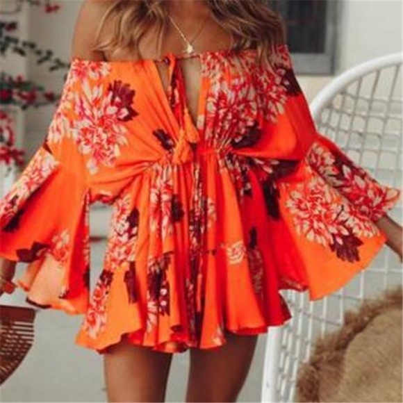 BellanBlue Pants - Boho Orange Floral Print Bell Sleeve Romper